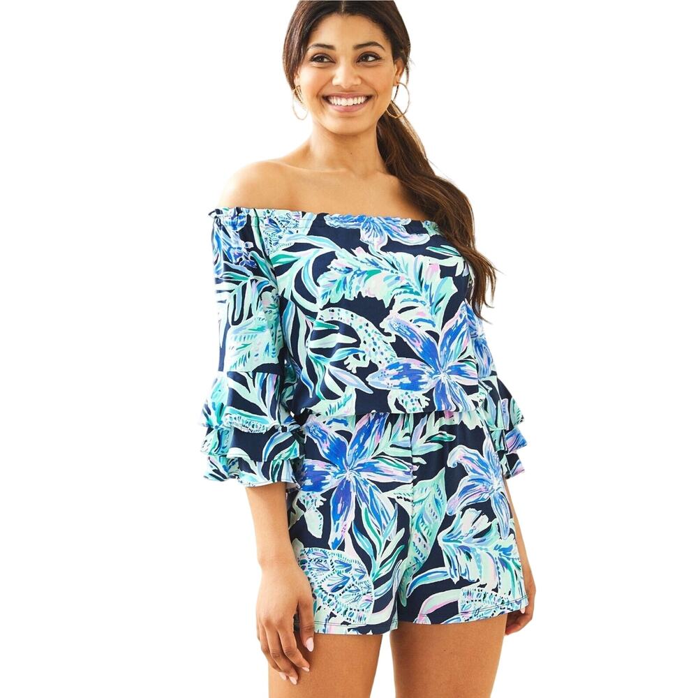 Lilly Pulitzer Calla Off The Shoulder Romper Floral High Tide Beachy Retro XS